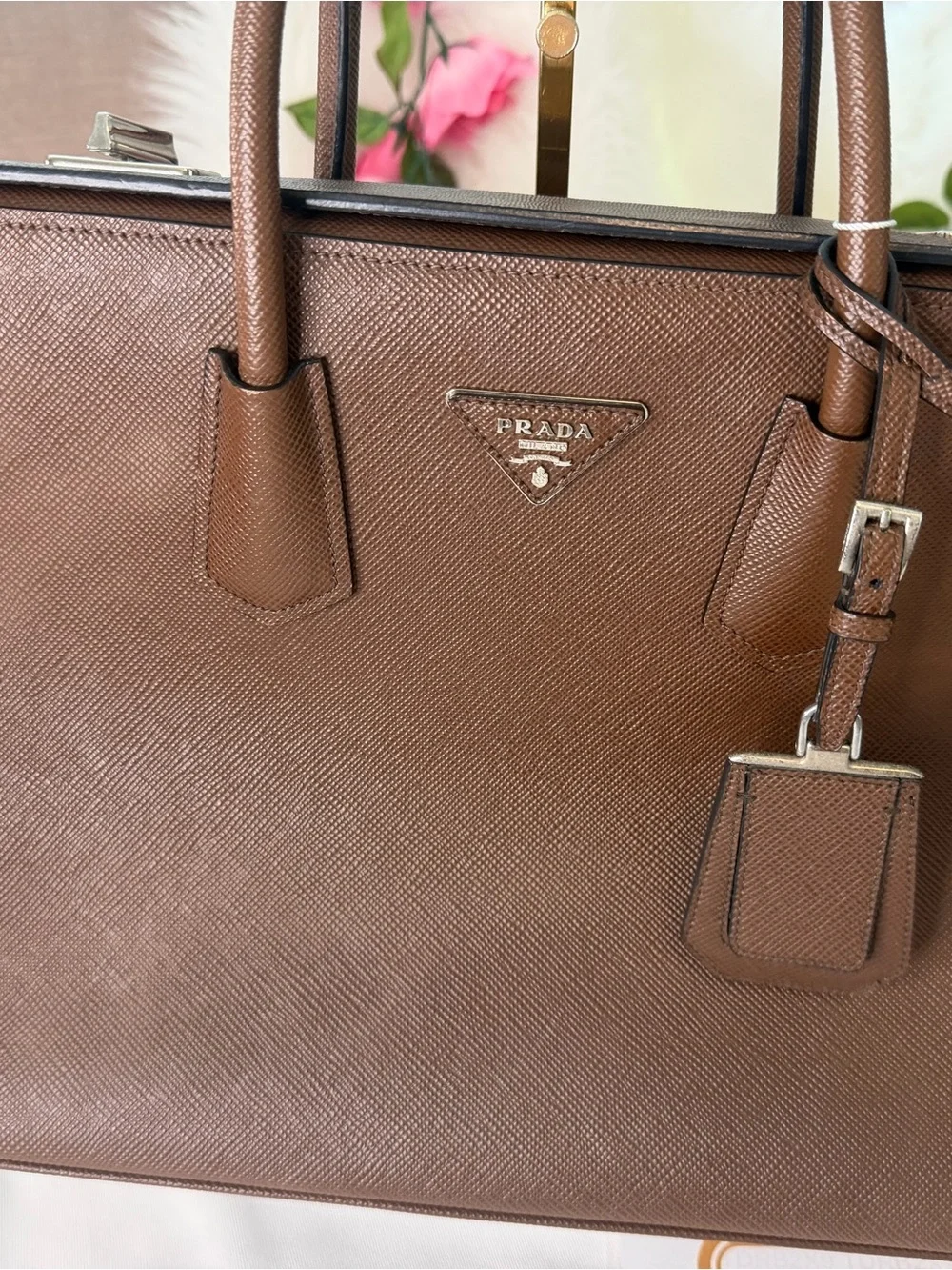 Prada Galleria Double Zip Tote Brown Saffiano Executive Handbag w/ 2 COA